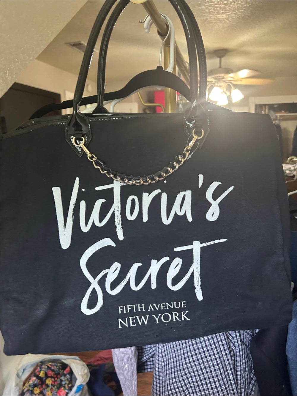 Victoria's Secret Black Tote Bag with Gold Chain Handles